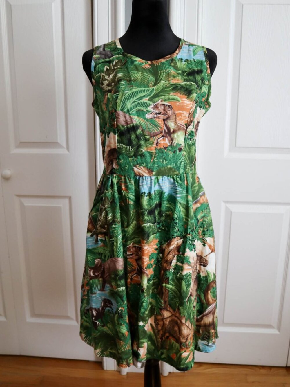 Retrolicious Dinosaur Print Fit & Flare 100% Cotton Dress Sz M USA Ms. Frizzle